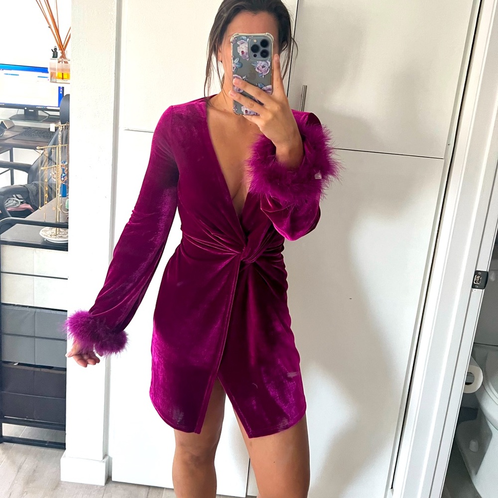 Magenta Velvet Mini Dress with Faux Fur Sleeves